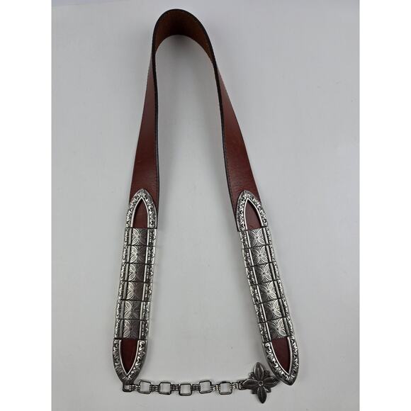 Vintage Brighton brown leather silver tone chain link flower belt 40\